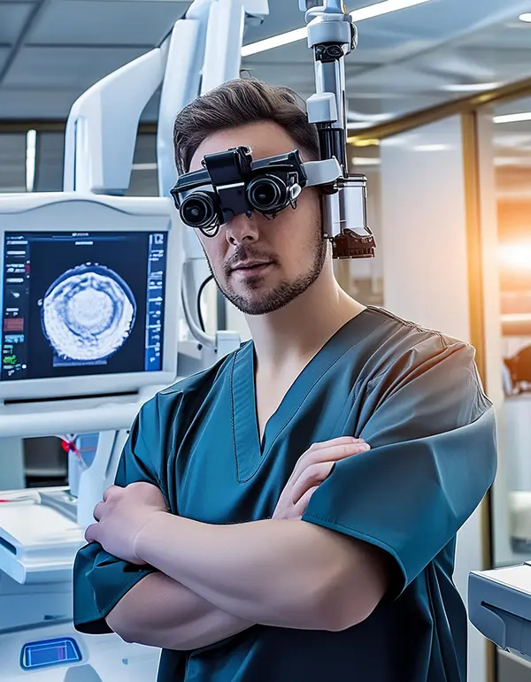 Surgeon with advanced eyewear in medical facility.