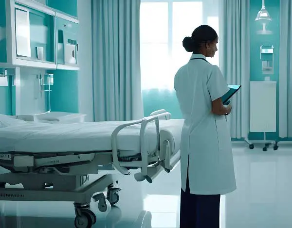 Nurse with tablet in modern hospital room.