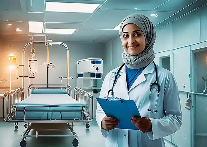 Doctor smiling in a modern hospital room